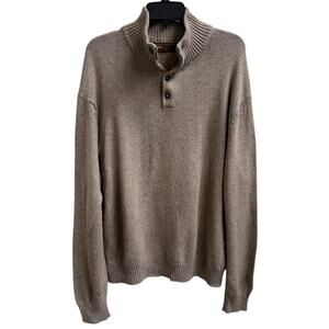Perry Ellis Sweater Mens Sz XL Mock Neck 1/4 Button Long Slv Taupe Knit Preppy
